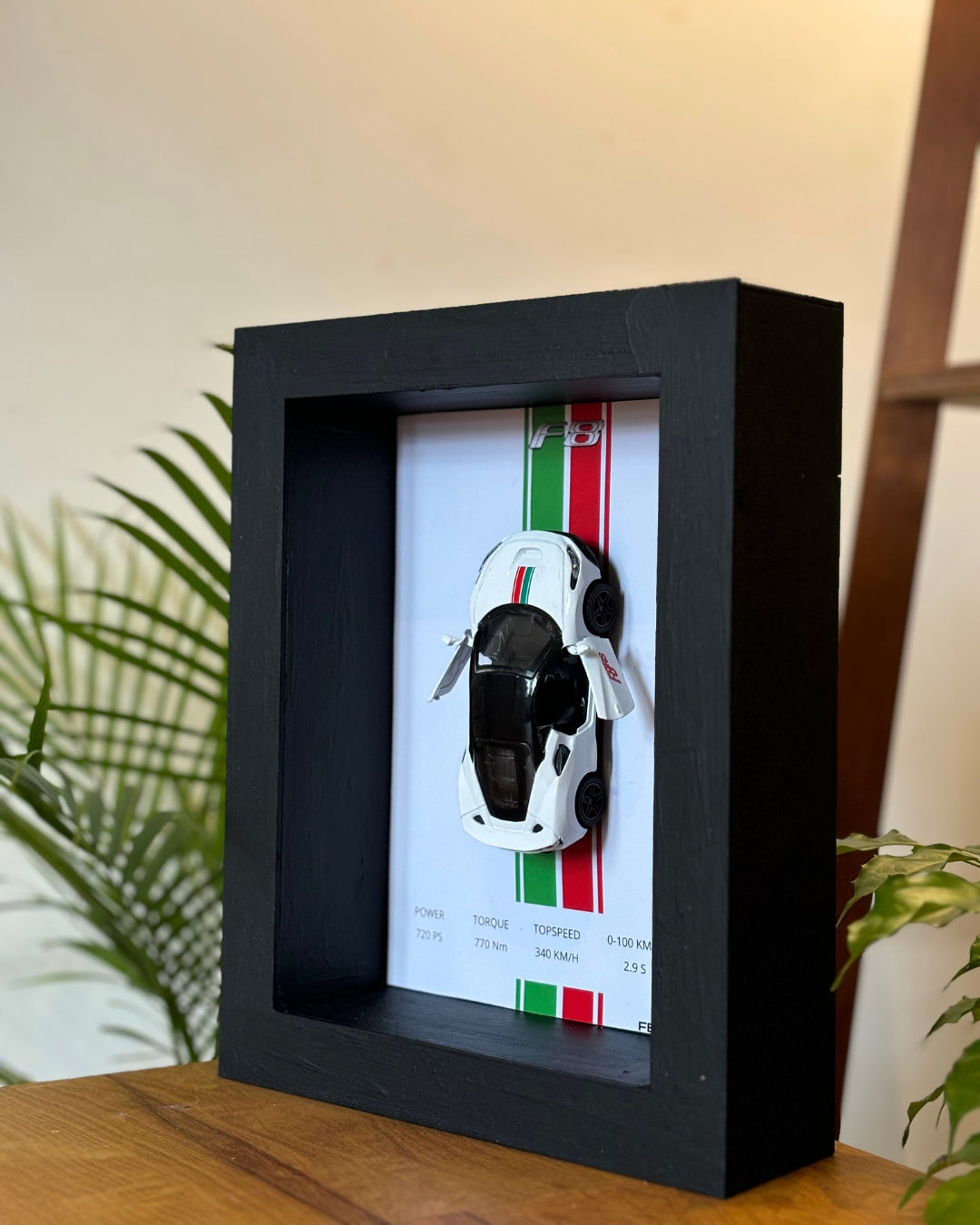 (Shadow Box) Ferrari F8 Framed (White w/ Italian strips) - Wall Decor