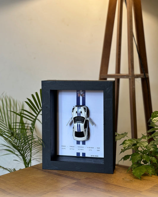 (Shadow Box) Nissan GTR  Framed (White w/ Blue strips) - Wall Decor