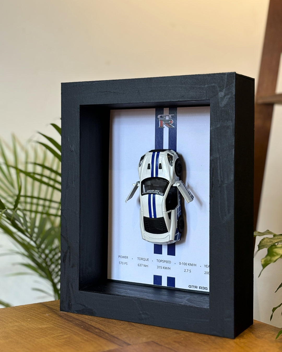 (Shadow Box) Nissan GTR  Framed (White w/ Blue strips) - Wall Decor