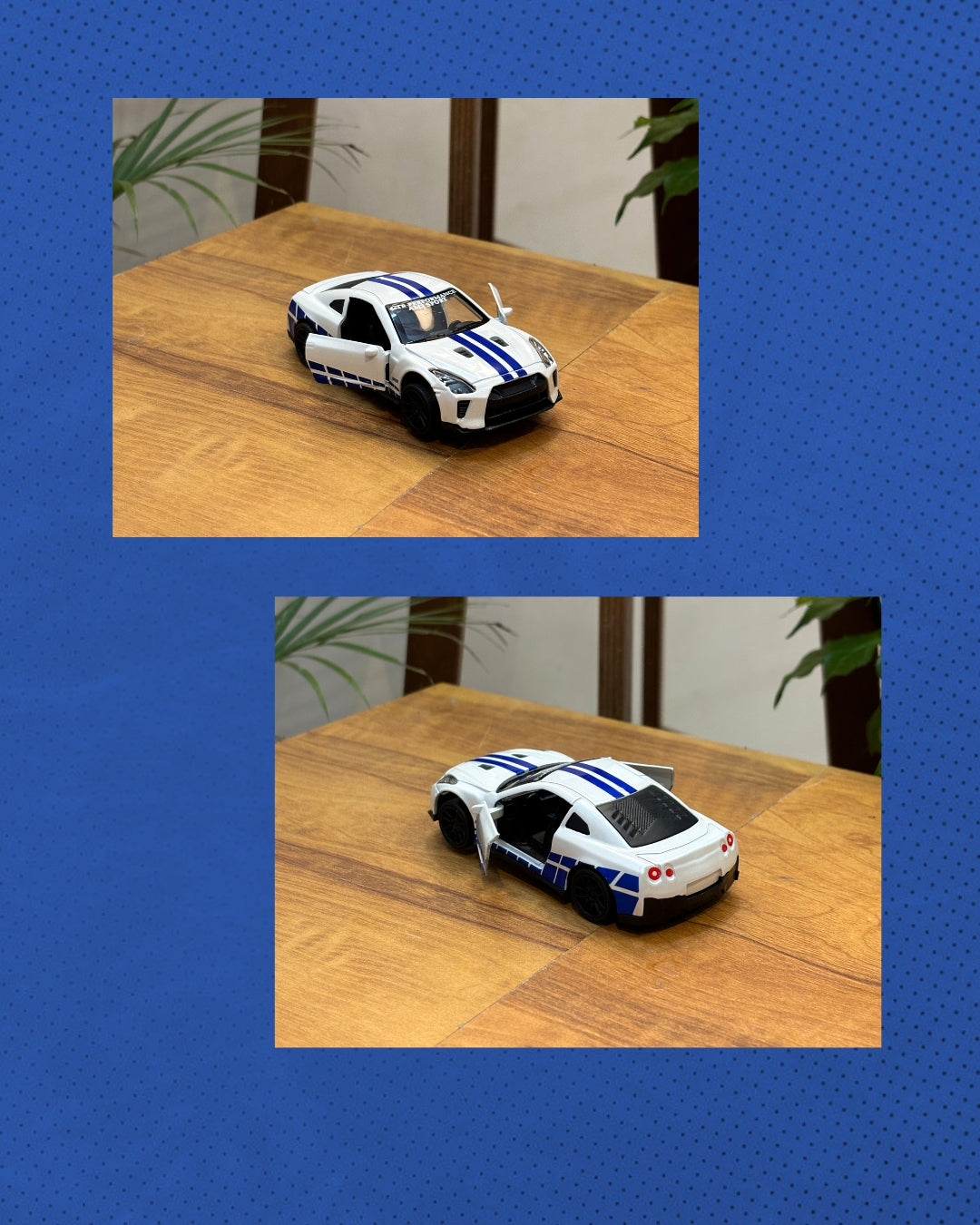 (Shadow Box) Nissan GTR  Framed (White w/ Blue strips) - Wall Decor